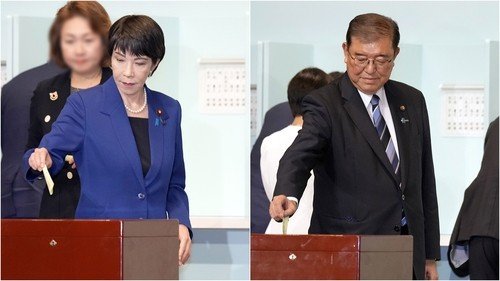 작년 9월 자민당 총재 선거 때 투표하는 다카이치·이시바 후보 (출처=연합뉴스)