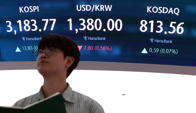 코스피가 전 거래일(3169.94)보다 14.83p(0.44%) 오른 3183.77로 마감한 23일 서울 하나은행 본점 딜링룸 전광판에 코스피 종가가 표시되고 있다. 뉴시스 제공