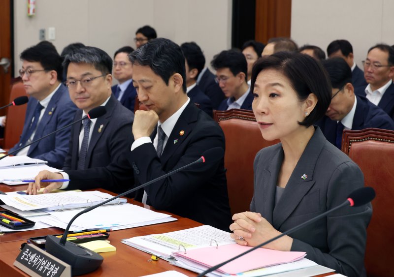 [서울=뉴시스] 고승민 기자 = 지난달 25일 서울 여의도 국회에서 열린 제416회 국회(임시회) 산업통상자원중소벤처기업위원회 제1차 전체회의에서 오영주 중소벤처기업부 장관이 의원 질의에 답하고 있다. 2025.07.23. kkssmm99@newsis.com