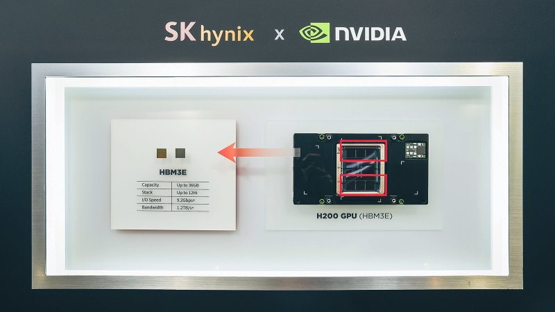 지난해 9월 미국 캘리포니아주 산타클라라에서 개최된 TSMC OIP 포럼에 참가한 SK하이닉스 부스 내 HBM3E 제품과 엔비디아 H200 제품이 함께 전시돼 있다. SK하이닉스 제공