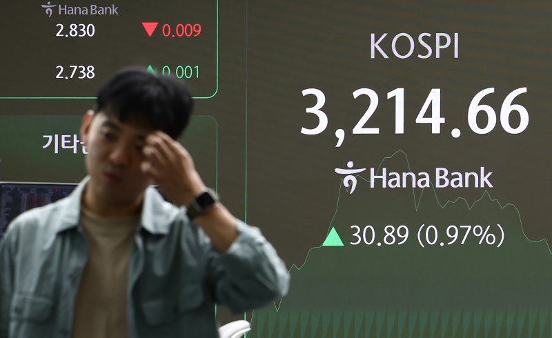 24일 오전 서울 하나은행 본점 딜링룸 전광판에 코스피가 3214.66을 가리키고 있다. (자료사진) /뉴스1 ⓒ News1 김민지 기자