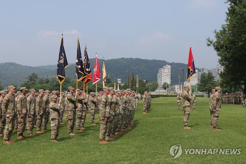부대기 올린 주한미군 순환배치 여단 (출처=연합뉴스)
