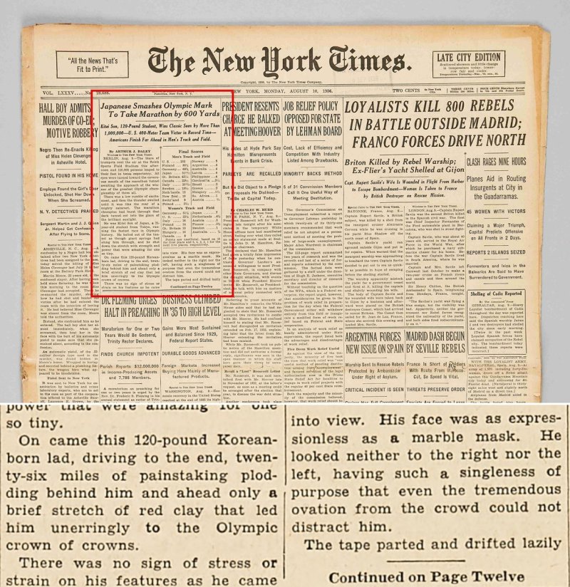 뉴욕타임스가 실은 1936년 8월 10일자 손기정 선수 베를린 올림픽 마라톤 우승 기사. 대한민국역사박물관 제공
