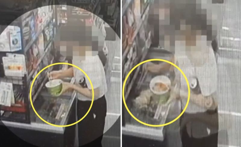 22일 경기 평택 소재의 한 편의점에서 한 여성이 편의점 냉동고 위에 라면 국물과 면발을 쏟아붓고 있다./사진=JTBC '사건반장' 캡처