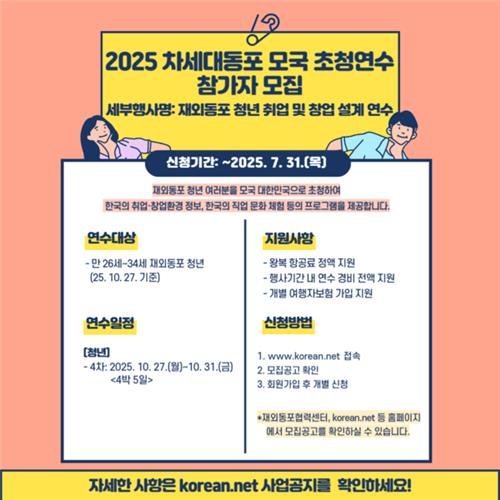 차세대 동포 취·창업 연수 참가자 모집 포스터 (출처=연합뉴스)