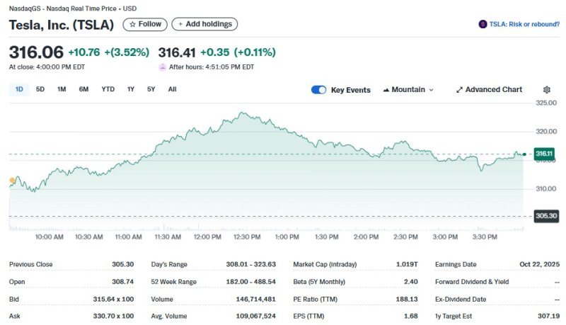 테슬라 일일 주가추이 - 야후 파이낸스 갈무리