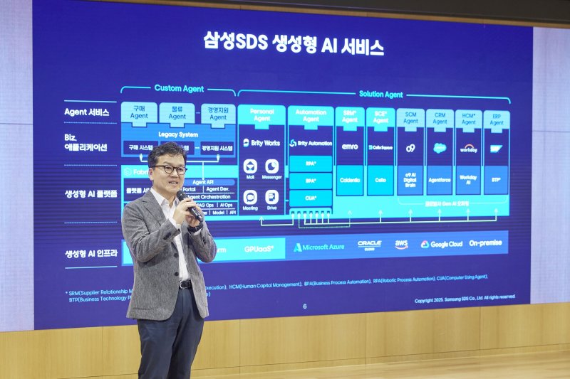이준희 삼성SDS 대표이사가 6월 26일 서울시 송파구 삼성SDS 잠실캠퍼스에서에서 열린 생성형 AI 미디어데이에서 발언하고 있다.(삼성SDS 제공)