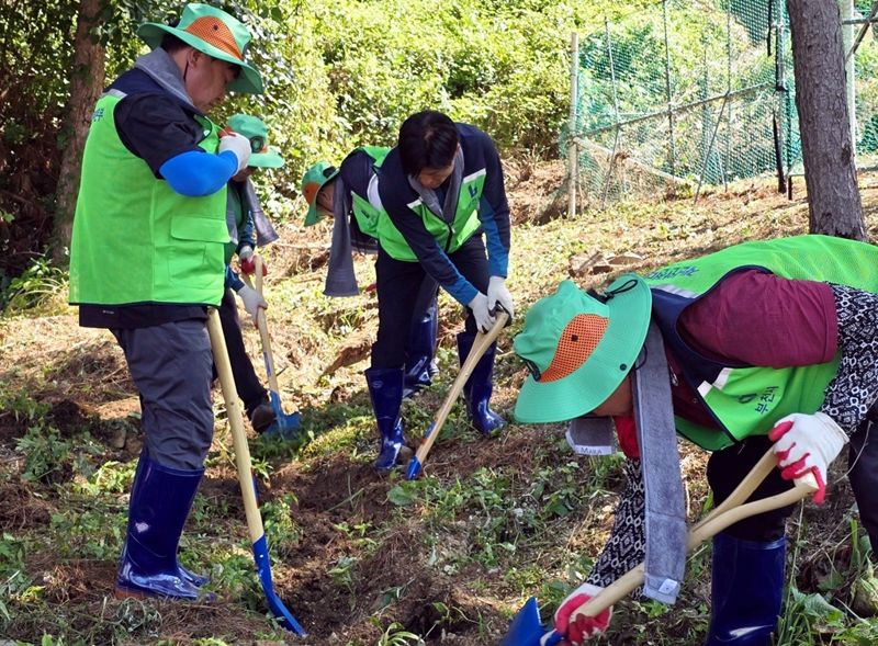 조용익 부천시장(가운데)과 자율방재단이 폭우로 큰 피해가 발생한 가평군 조종면 일대 피해 주택을 방문해 토사·폐기물 정리, 배수로 작업 등을 하고 있다. 부천시 제공