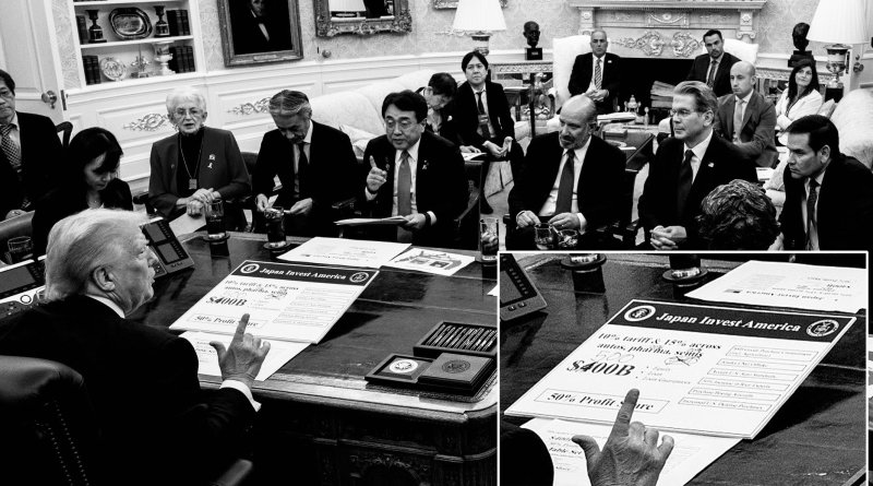 도널드 트럼프 미국 대통령이 백악관 집무실에서 23일(현지시간) 아카자와 료세이 일본 경제재생상 등 일본의 무역대표단과 협상하고 있다. 트럼프 책상 위에는 일본의 대미 투자 계획 명칭인 '재팬 인베스트 아메리카'라는 제목의 패널이 놓여있는데, '4000억달러'라고 인쇄된 숫자 위에 손글씨로 '5000억달러'라고 쓴 것이 보인다. (댄 스카비노 백악관 부비서실장 X, 재판매 및 DB금지) /뉴스1