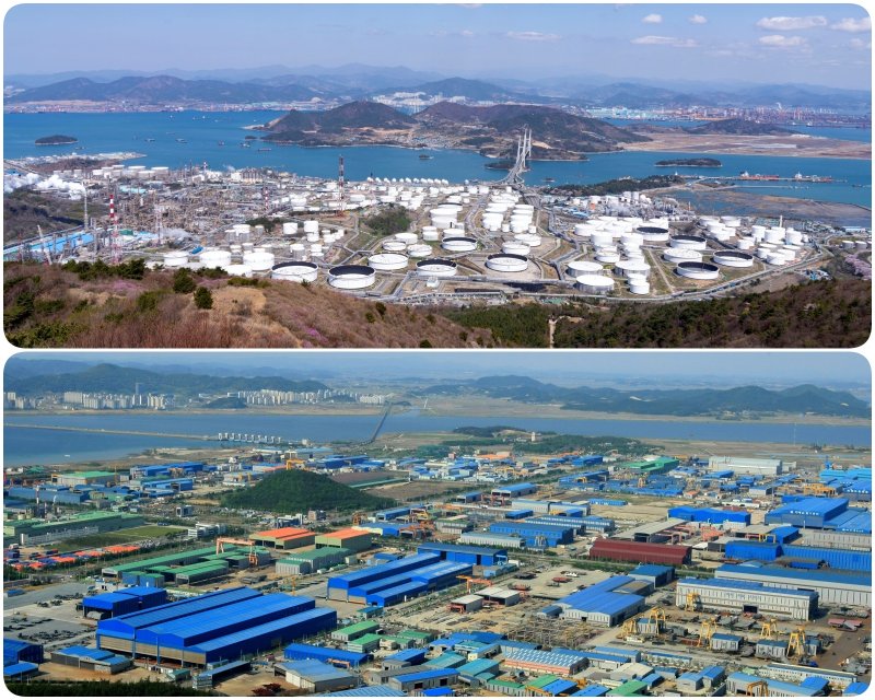 [광주=뉴시스] 석유화학 생산공장이 밀집한 여수국가산단(위)과 조선업체가 밀집한 영암대불산단. (사진=전남도 제공) 2025.07.28. photo@newsis.com *재판매 및 DB 금지