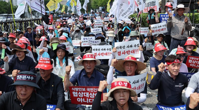 28일 서울 용산 대통령실 인근에서 열린 '한-미 상호관세 협상 농축산물 개방 반대 전국농축산인 결의대회'에서 농민들이 한·미 관세협상 농·축산물 개방 반대를 촉구하고 있다. 쌀·소고기 등 미국산 농축산물 개방 압박이 거세지면서 농민단체들은 농축산물이 협상 대상에서 제외돼야 한다고 목소리를 높이고 있다. 2025.7.28/뉴스1 ⓒ News1 박지혜 기자