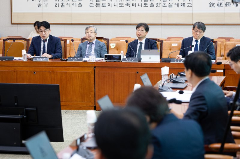 28일 서울 여의도 국회 법제사법위원회 법안심사제1소위원회에서 검찰개혁 법안 관련 공청회가 열리고 있다. 왼쪽부터 모성준 사법연수원 교수, 서보학 교수, 양홍석 변호사, 이광철 변호사. 뉴스1