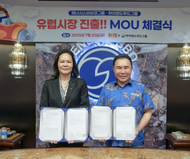 윤홍근 제너시스BBQ그룹 회장(오른쪽)이 지난 25일 유통·가공 전문기업 하이랜드푸드그룹 윤영미 회장과 유럽 시장 진출을 위한 전략적 업무협약(MOU)을 체결한 뒤 기념 촬영을 하고 있다. BBQ제너시스 제공