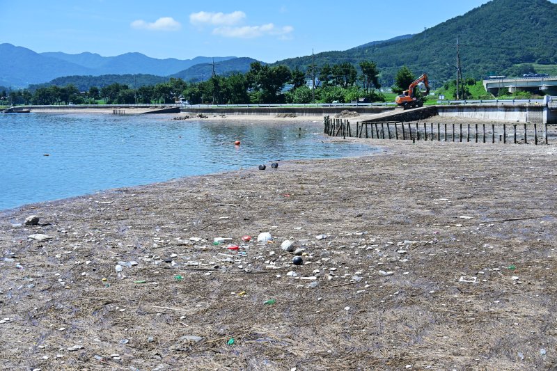 [남해=뉴시스] 차용현 기자 = 29일 오전 경남 남해군 관내 해안이 지난 폭우에 남강에서 떠내려온 부유물(쓰레기 등)로 몸살을 앓고 있다. 2025.07.29. 2025.07.29.con@newsis.com