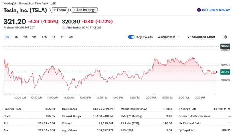 테슬라 일일 주가추이 - 야후 파이낸스 갈무리