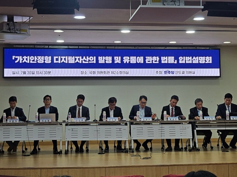 30일 안도걸 더불어민주당 국회의원이 주최한 '가치안정형 디지털자산의 발행 및 유통에 관한 법률' 입법설명회에서 법안 태스크포스(TF) 구성원들이 토론하고 있다.