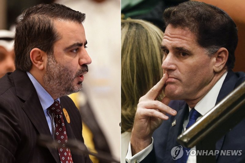 아사드 알샤이바니 시리아 외무장관(왼쪽), 론 더머 이스라엘 전략담당장관 (출처=연합뉴스)