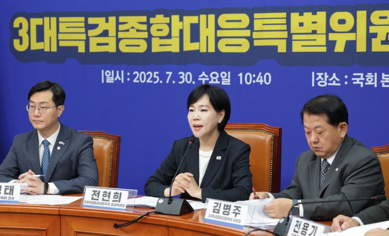 전현희 3대특검종합대응특별위원회 총괄위원장이 30일 오전 서울 여의도 국회에서 열린 3대특검종합대응특위 출범식에서 발언하고 있다. 2025.7.30/뉴스1 ⓒ News1 신웅수 기자