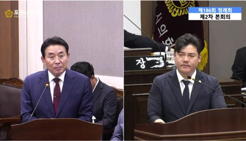 [포천=뉴시스] 지난 6월24일 개최된 포천시의회 행정사무감사에서 백영현 포천시장과 김현규 더불어민주당 시의원이 세무서 부지와 관련해 질의·답변을 하고 있다. (사진=포천시의회 영상 캡처) photo@newsis.com