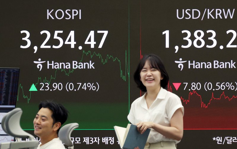 [서울=뉴시스] 김진아 기자 = 코스피가 3250선을 돌파한 30일 서울 중구 하나은행 딜링룸에서 딜러들이 업무를 보고 있다. 코스피는 전 거래일(3230.57)보다 23.90포인트(0.74%) 오른 3254.47에, 코스닥 지수는 전 거래일(804.45)보다 0.78포인트(0.10%) 하락한 803.67에 거래를 마쳤다. 2025.07.30. bluesoda@newsis.com