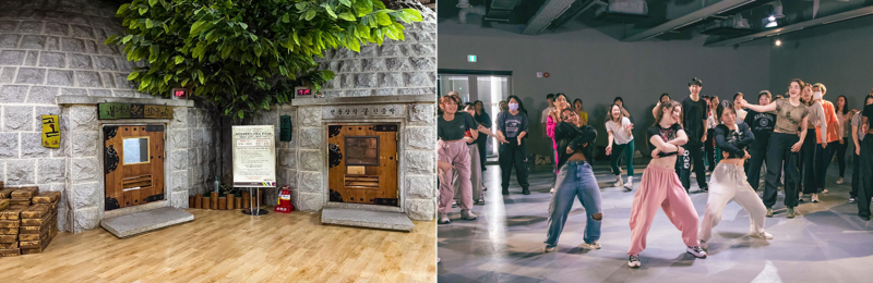 케데헌에 대중목욕탕이 등장하면서 외국인 관광객에게 관광 콘텐츠로 인기를 끌고 있는 목욕탕(왼쪽)과 K-팝 댄스 클래스. /사진=크리에이트립 제공
