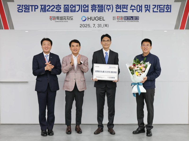 강원도는 31일 춘천 동내면에 위치한 바이오헬스 대표기업 휴젤(주)을 찾아 '강원테크노파크 입주 졸업기업' 현판을 수여했다.(강원도 제공. 재판매 및 DB금지)/뉴스1