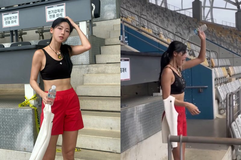복근 드러낸 카리나?…닮은꼴 육상 선수, 치명적 자태