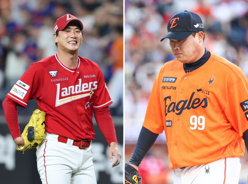 [대전=뉴시스] 권창회 기자 = 야구팬들이 손꼽아 기다려 온 류현진(한화 이글스)과 김광현(SSG 랜더스)의 맞대결의 희비가 엇갈렸다. 사진은 26일 오후 대전 중구 대전한화생명볼파크에서 열린 2025 신한 쏠뱅크 KBO리그 한화 이글스와 SSG랜더스의 경기에서 SSG 김광현(왼쪽)이 6회 말 한화 노시환을 병살로 잡아낸 뒤 미소짓는 모습과 한화 류현진이 1회 5실점 후 더그아웃으로 향하는 모습. 2025.07.26. kch0523@newsis.com