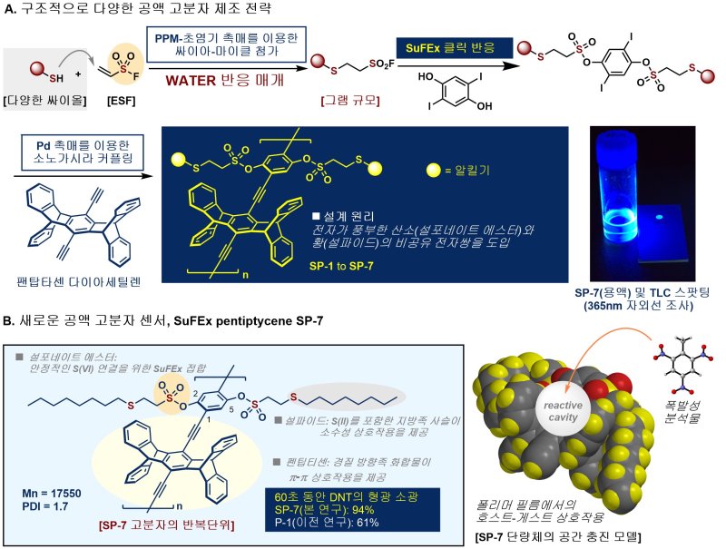 [서울=뉴시스] 서펙스(SuFEx) 반응을 활용한 형광 전도성 고분자(SP 시리즈)의 개발 모식도 및 이를 통한 TNT·DNT와 같은 폭발물을 감지하기 위한 화학센서 작동 메커니즘 개략도. (사진=바카라 사이트 디시 제공) 2025.08.01. photo@newsis.com *재판매 및 DB 금지
