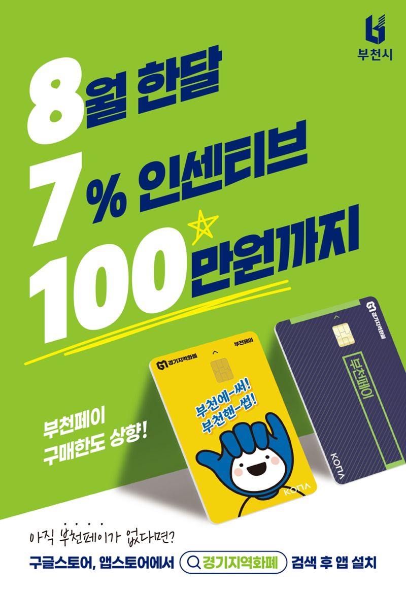 부천시가 8월 한 달간 '부천페이' 월 구매 한도를 최대 100만원으로 확대한다. 부천시 제공