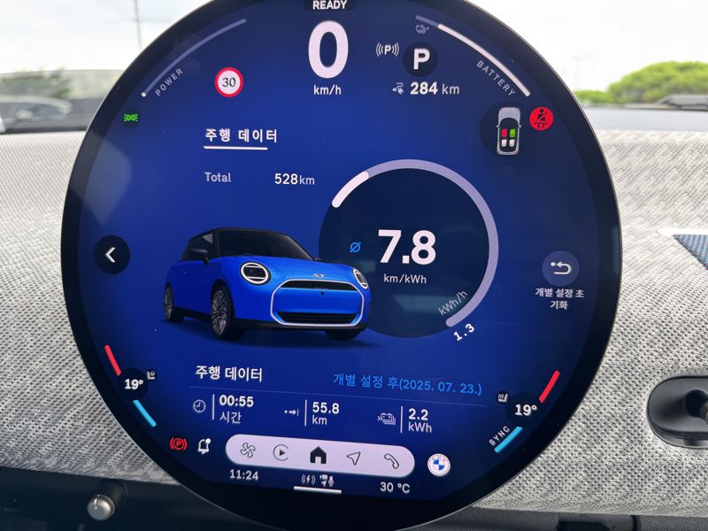 올 뉴 일렉트릭 미니. 55k.8km를 주행했음에도 284km가 더 주행 가능하다고 표시돼 있다. 정원일 기자