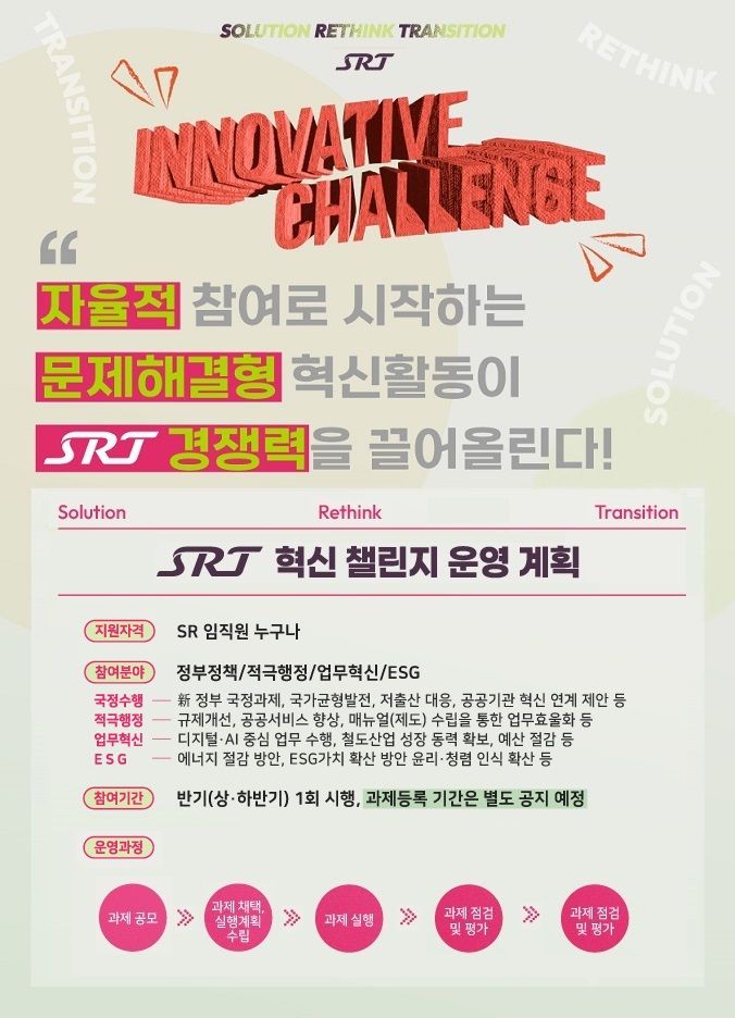 SR, 사내 메이저 바카라사이트 굿모닝 제안 제도 'SRT 혁신챌린지' 운영
