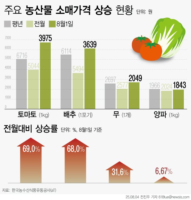 [서울=뉴시스] 4일 한국농수산식품유통공사(aT)에 따르면 이달 1일 기준 배추 상(上)품 소매가격은 포기당 6114원으로, 한 달 전보다 68.0% 상승했다. 전년 동기 대비 11.2%, 평년보다도 11.3% 높은 수준이다. (그래픽=전진우 기자) 618tue@newsis.com