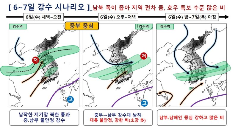하루걸러 또 폭우…6∼7일 비구름대 북→남 이동하며 비 뿌려 (출처=연합뉴스)