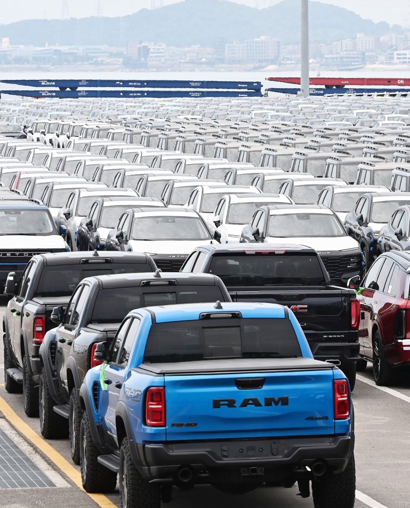 [평택=뉴시스] 김종택 기자 = 한미 관세협상이 타결된 31일 경기 평택시 포승읍 평택항 자동차 전용부두에 수입된 미국산 자동차가 세워져 있다. 도널드 트럼프 미국 대통령은 30일(현지시간) '한국은 미국과의 교역에 완전히 개방하기로 하고 자동차와 트럭 등 미국산 제품을 받아들이겠다는 것에 합의했다'고 밝혔다. 2025.07.31. jtk@newsis.com