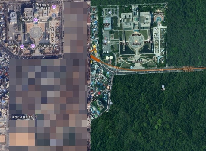 [서울=뉴시스] 서울 용산구 대통령실과 전쟁기념관 위성지도 사진 비교. 구글 어스(왼쪽)에서는 대통령실 위치와 시설물 사진이 정확히 노출된 가운데 네이버 지도(오른쪽)에서는 보안시설로 분류돼 가림 처리돼 있다. 구글 어스 위성사진은 보안을 위해 기자가 직접 모자이크처리했다. (사진=구글 어스, 네이버 지도 캡처) *재판매 및 DB 금지