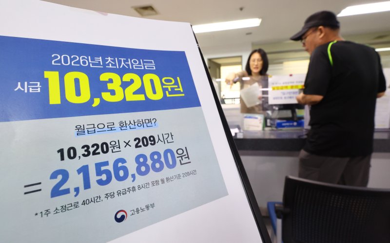 [서울=뉴시스] 황준선 기자 = 고용노동부가 2026년도 최저임금을 시간당 1만320원으로 확정·공시한 5일 서울 마포구 서울서부고용복지플러스센터 게시판에 2026년도 최저임금 홍보물이 게시돼 있다. 2025.08.05. hwang@newsis.com