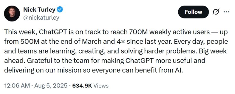 [뉴시스] 닉 털리 오픈AI 부사장의 엑스 게시물. (사진 = 엑스 캡처) 2025.08.05. *재판매 및 DB 금지