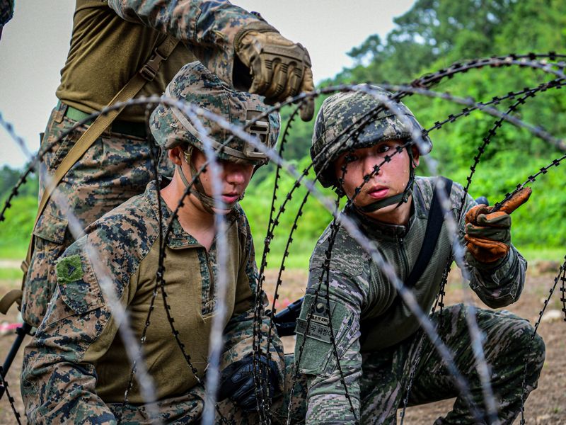 우리 해병대와 미 해병대가 지난 7월 중순부터 8월에 걸쳐 김포·강화·포항·포천·동두천 등지에서 KMEP 연합훈련을 중 한미 해병대 장병이 KMEP 연합공병훈련 간 장애물 설치 훈련을 하고 있다. 해병대사령부 제공