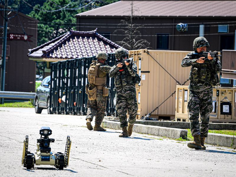 우리 해병대와 미 해병대가 지난 7월 중순부터 8월에 걸쳐 김포·강화·포항·포천·동두천 등지에서 KMEP 연합훈련을 중 한미 해병대 장병들이 KMEP 연합공병훈련 간 초소형 전술지상 로봇으로 폭발물 탐지 훈련을 하고 있다. 해병대사령부 제공