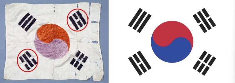 '남상락 자수 태극기'와 현재의 태극기 비교 (출처=연합뉴스)