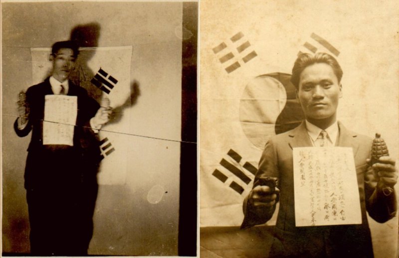 태극기 배경으로 이봉창·윤봉길 의사가 한인애국단에 입단하며 찍은 사진 (출처=연합뉴스)