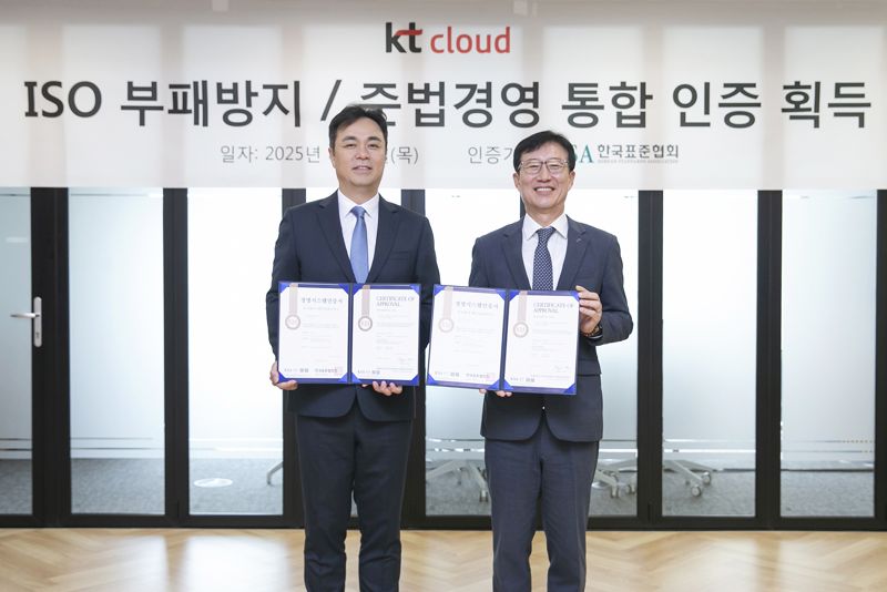문동민 한국표준협회 회장(오른쪽)이 지난 7일 최지웅 KT클라우드 대표에 부패 방지(ISO 37001)와 규범 준수(ISO 37301) 경영시스템 국제표준 인증서를 동시 수여하고 기념촬영을 하고 있다. 한국표준협회 제공