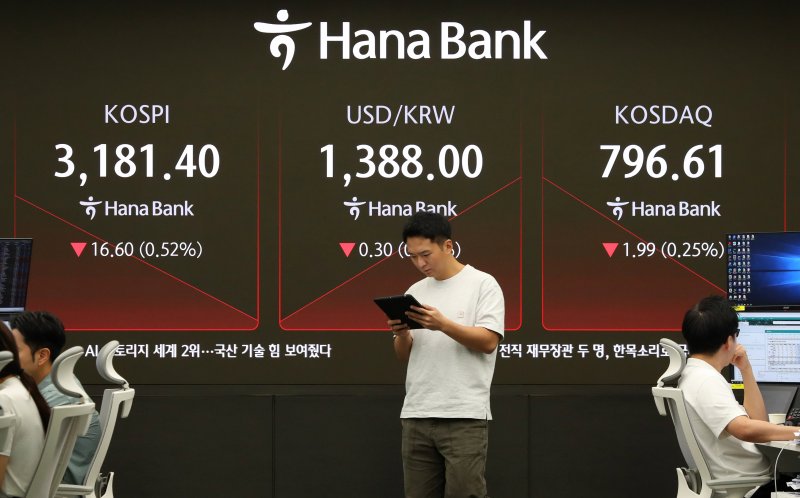 [서울=뉴시스] 김혜진 기자 = 코스피가 전 거래일(3198.00)보다 15.94포인트(0.50%) 내린 3182.06에 개장한 6일 오전 서울 중구 하나은행 딜링룸 전광판에 지수가 표시되고 있다. 코스닥 지수는 전 거래일(798.60)보다 2.12포인트(0.27%) 하락한 796.48에 거래를 시작바카라사이트 소개. 원·달러 환율은 전 거래일 주간거래 종가(1388.3)보다 1.0원 내린 1387.3원에 출발바카라사이트 소개. 2025.08.06. jini@newsis.com