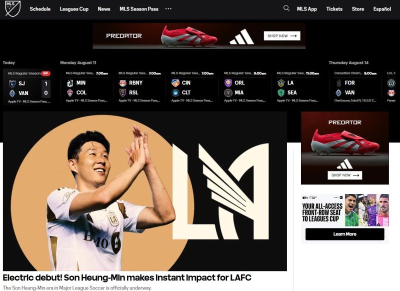 손흥민의 데뷔 소식을 메인 화면에 올린 MLS.연합뉴스