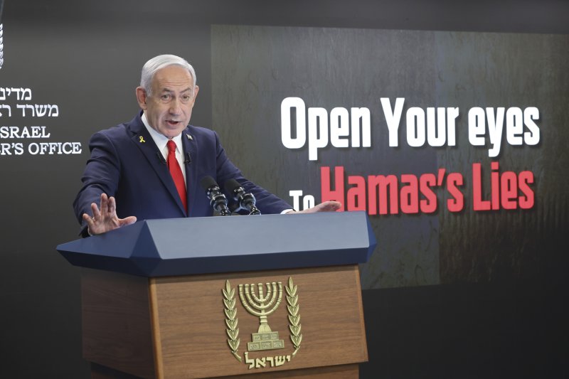[예루살렘=AP/뉴시스] 베냐민 네타냐후 이스라엘 총리가 지난 10일(현지 시간) 예루살렘 총리실에서 외신 기자들을 상대로 기자회견하고 있다. 2025.08.12.