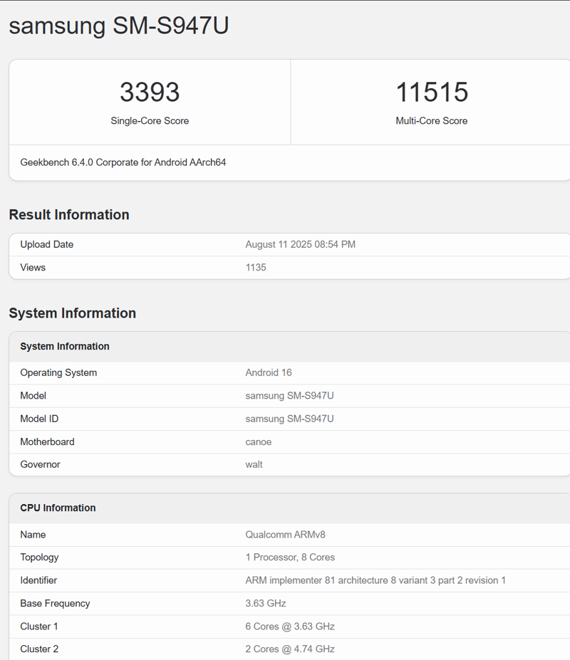 긱벤치6에서 포착된 갤럭시 S26 엣지(SM-S947U). 퀄컴 스냅드래곤 8 엘리트 2를 탑재한 것으로 파악된다.