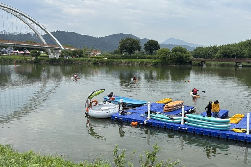 울산시민들이 패들 보드를 타고 태화강을 거슬러 오르고 있다. 강을 따라 오르다 보면 태화강 국가정원 십리대숲 등을 구경할 수 있다. 사진=최수상 기자