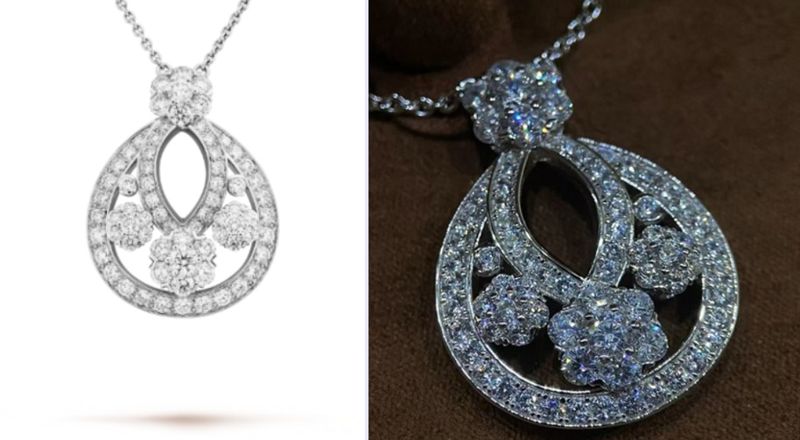 김건희 여사가 지난 2022년 6월 29일(현지시간) 스페인 동포 초청 만찬간담회에 참석할 당시 착용한 반클리프앤아펠' 목걸이(왼쪽)와 유사한 형태의 '김건희 목걸이'로 쿠팡에 올라온 제품. /사진=뉴시스, 쿠팡 홈페이지