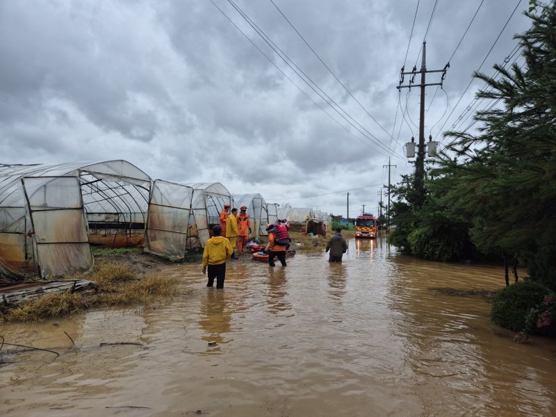 경기북부소방재난본부는13일 경기 고양시 덕양구 내곡동 비닐하우스 단지 침수사고로 비닐하우스 일대에 고립됐던 6명이 구조됐다고 밝혔다. 사진은 인명구조 현장 모습. (경기북부소방재난본부 제공. 재판매 및 DB 금지) 2025.8.13/뉴스1